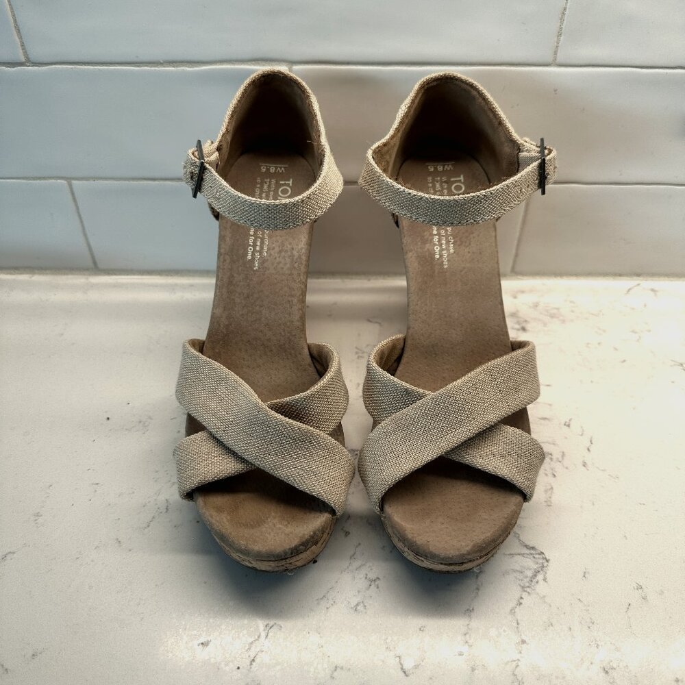 Tom's Strappy Cork Wedge Heels Size W8.5